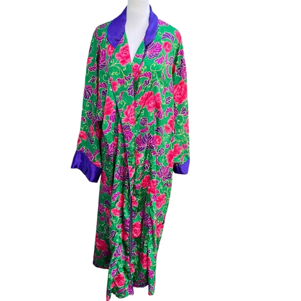 Victoria Secret Floral Green‎ and Purple Women's Robe Missing Belt Large